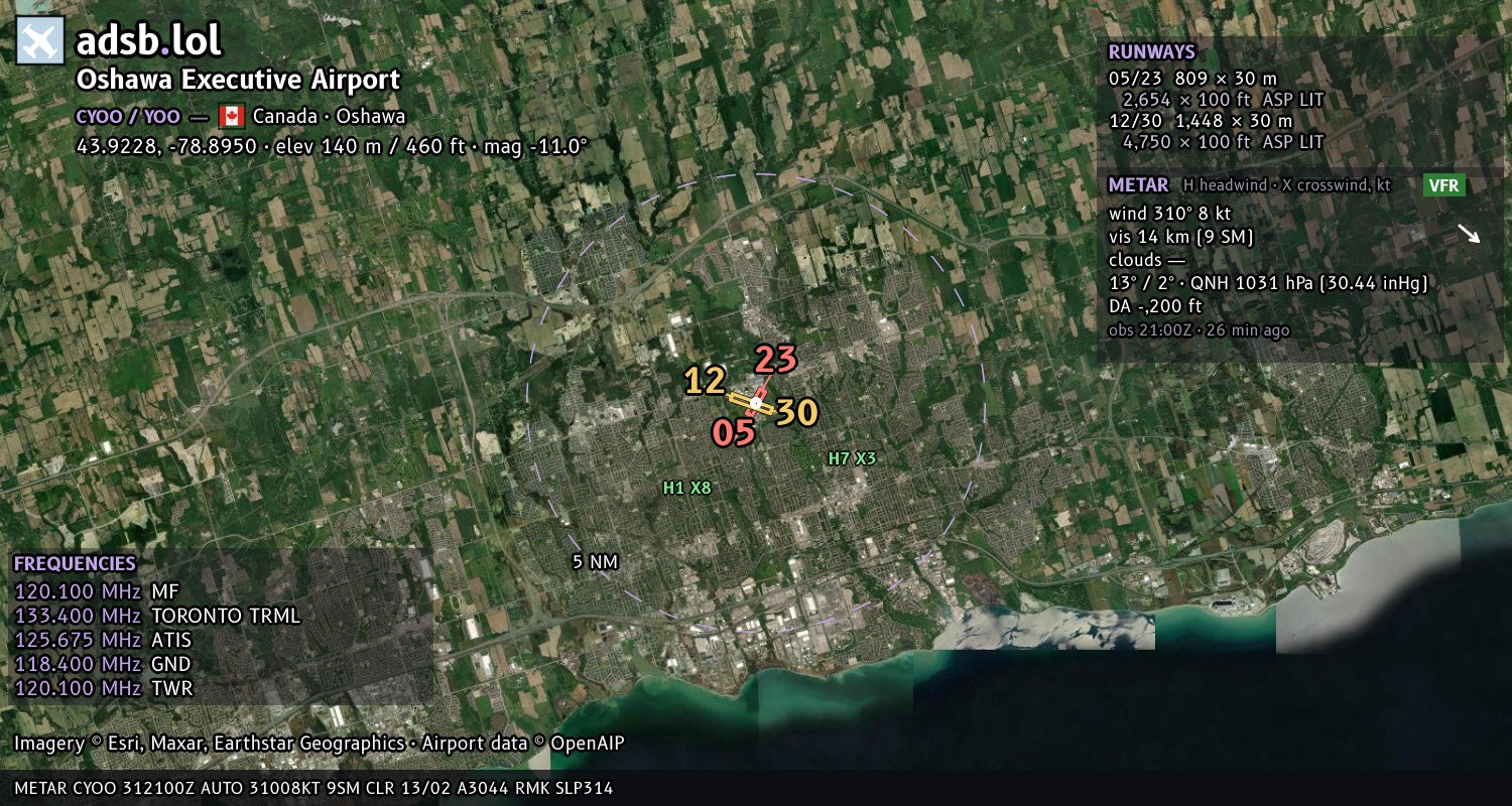 Satellite map with the runway layout of Oshawa Executive Airport (CYOO)