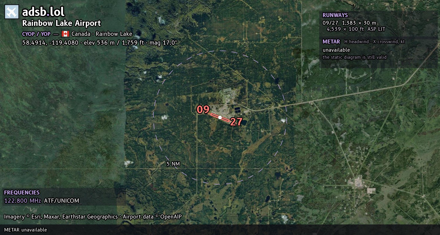 Satellite map with the runway layout of Rainbow Lake Airport (CYOP)
