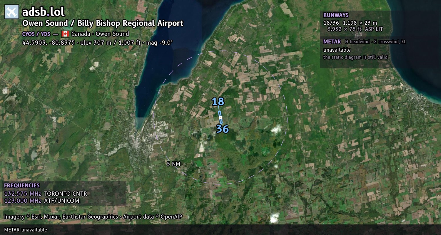Satellite map with the runway layout of Owen Sound / Billy Bishop Regional Airport (CYOS)