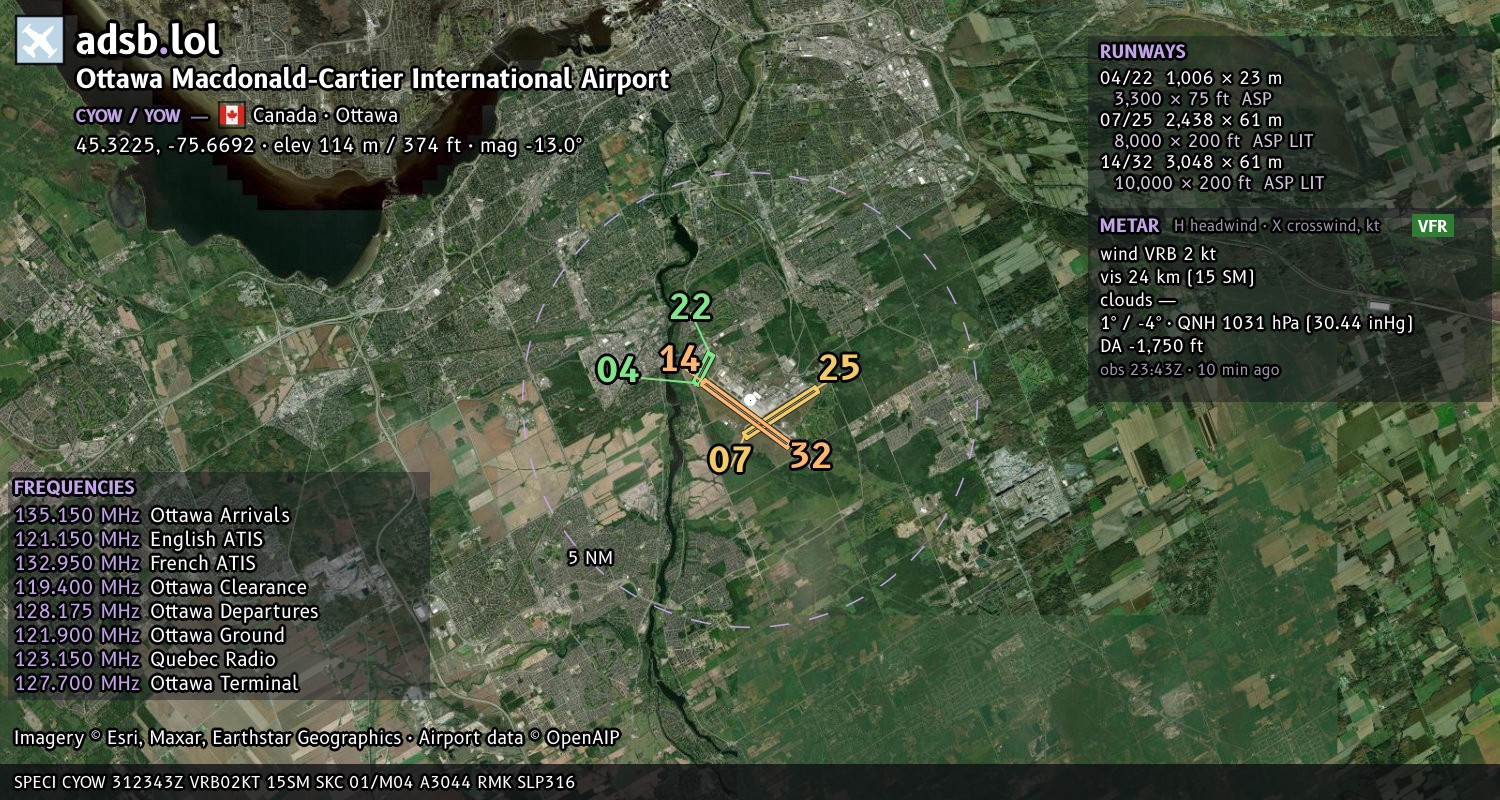 Satellite map with the runway layout of Ottawa Macdonald-Cartier International Airport (CYOW)