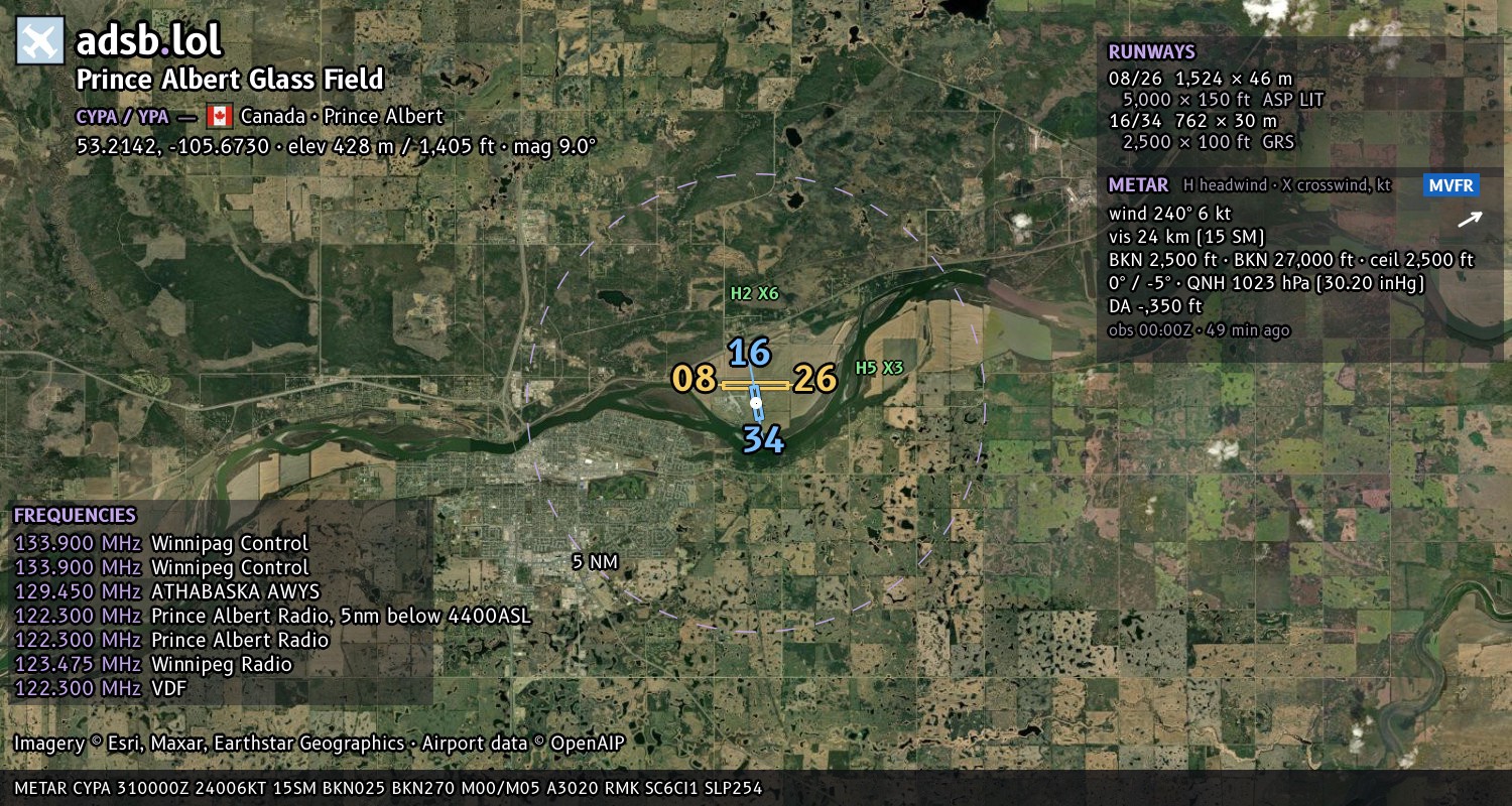 Satellite map with the runway layout of Prince Albert Glass Field (CYPA)