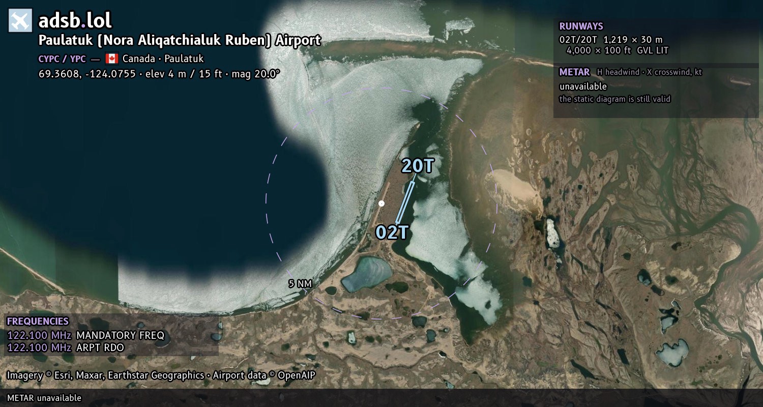 Satellite map with the runway layout of Paulatuk (Nora Aliqatchialuk Ruben) Airport (CYPC)
