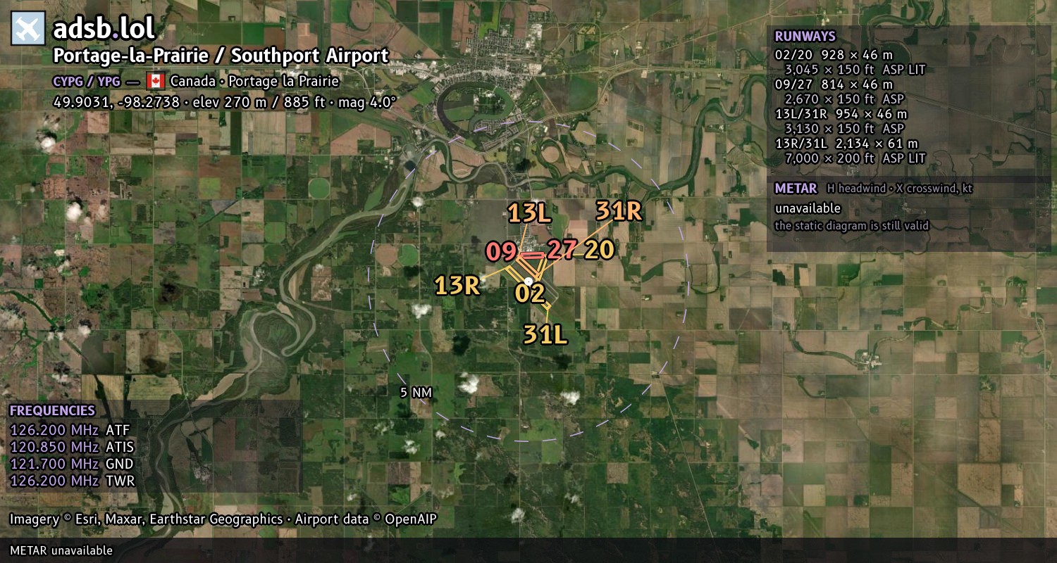 Satellite map with the runway layout of Portage-la-Prairie / Southport Airport (CYPG)