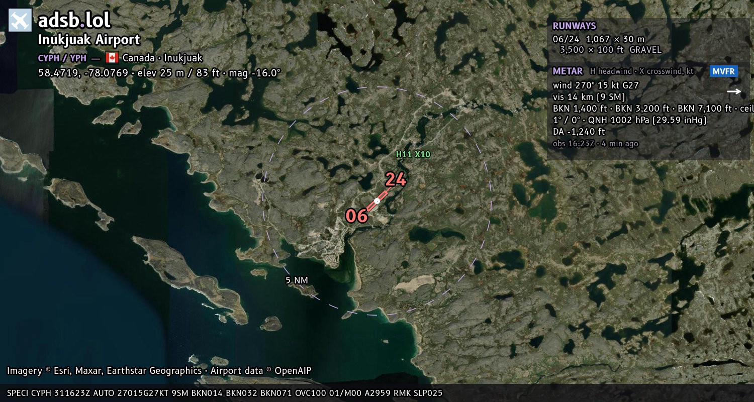 Satellite map with the runway layout of Inukjuak Airport (CYPH)