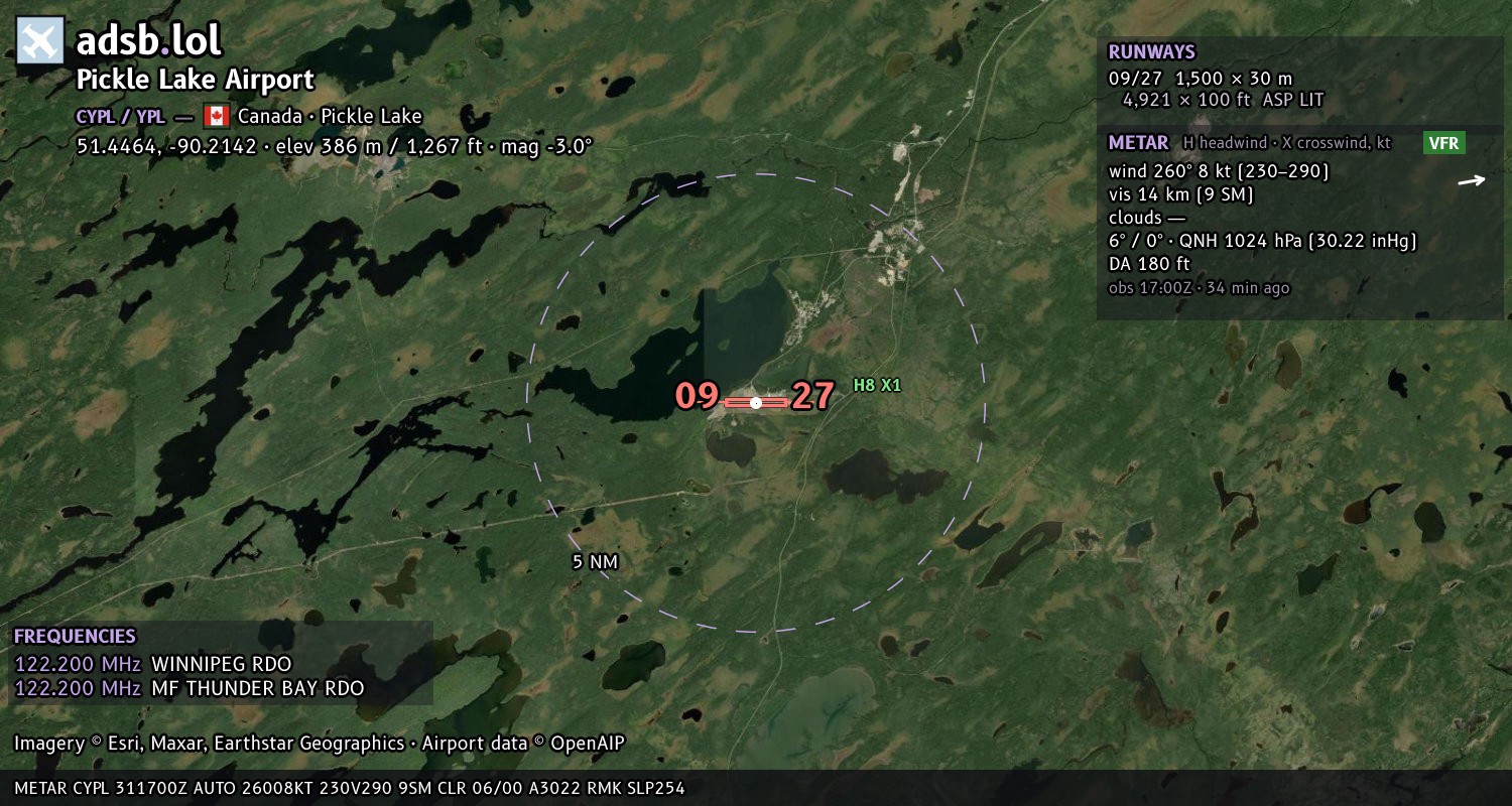 Satellite map with the runway layout of Pickle Lake Airport (CYPL)