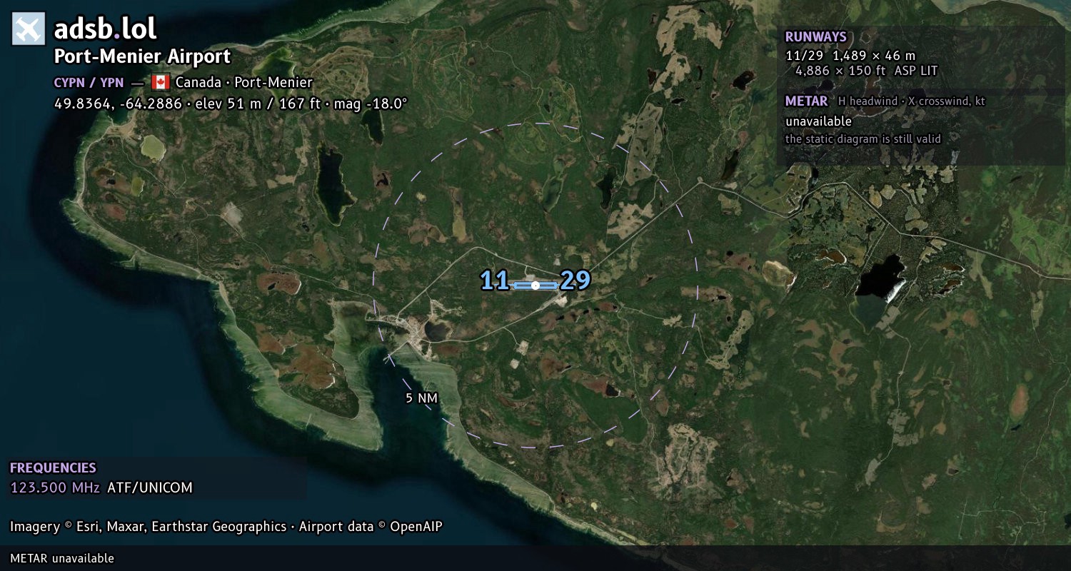 Satellite map with the runway layout of Port-Menier Airport (CYPN)