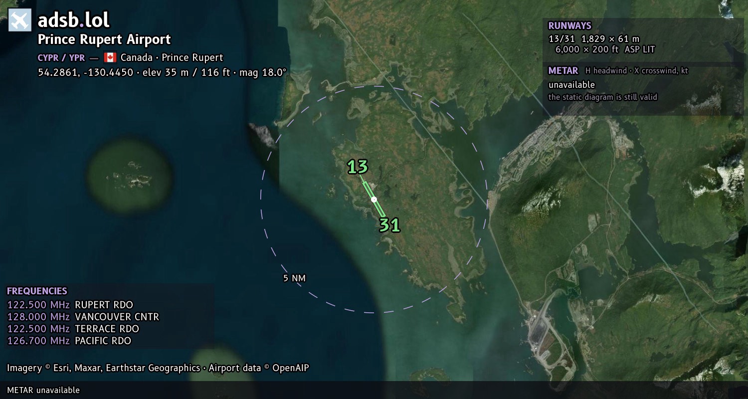 Satellite map with the runway layout of Prince Rupert Airport (CYPR)