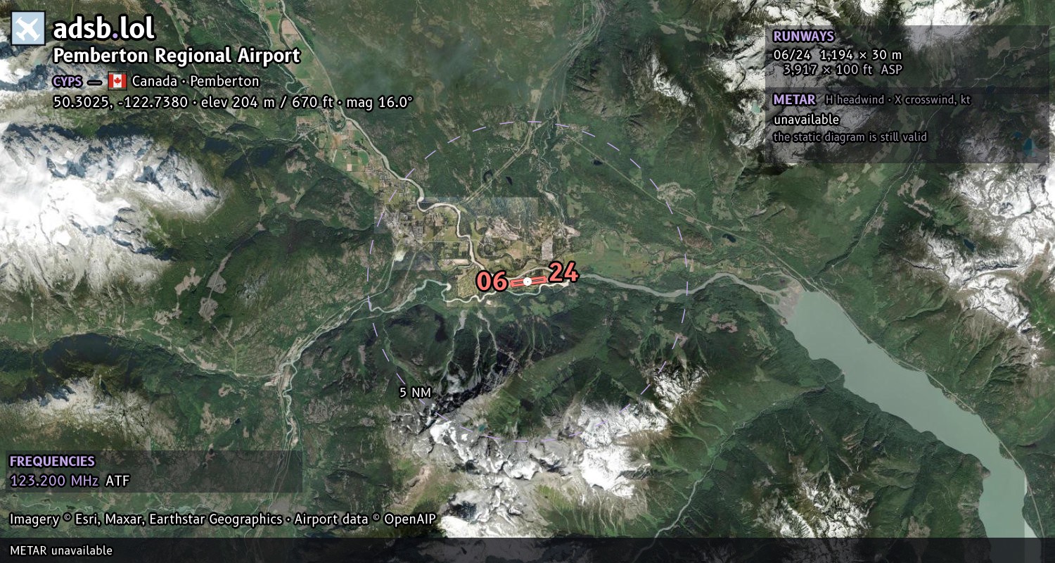 Satellite map with the runway layout of Pemberton Regional Airport (CYPS)