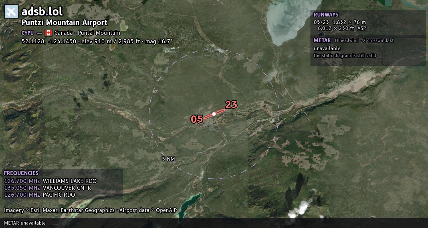 Satellite map with the runway layout of Puntzi Mountain Airport (CYPU)