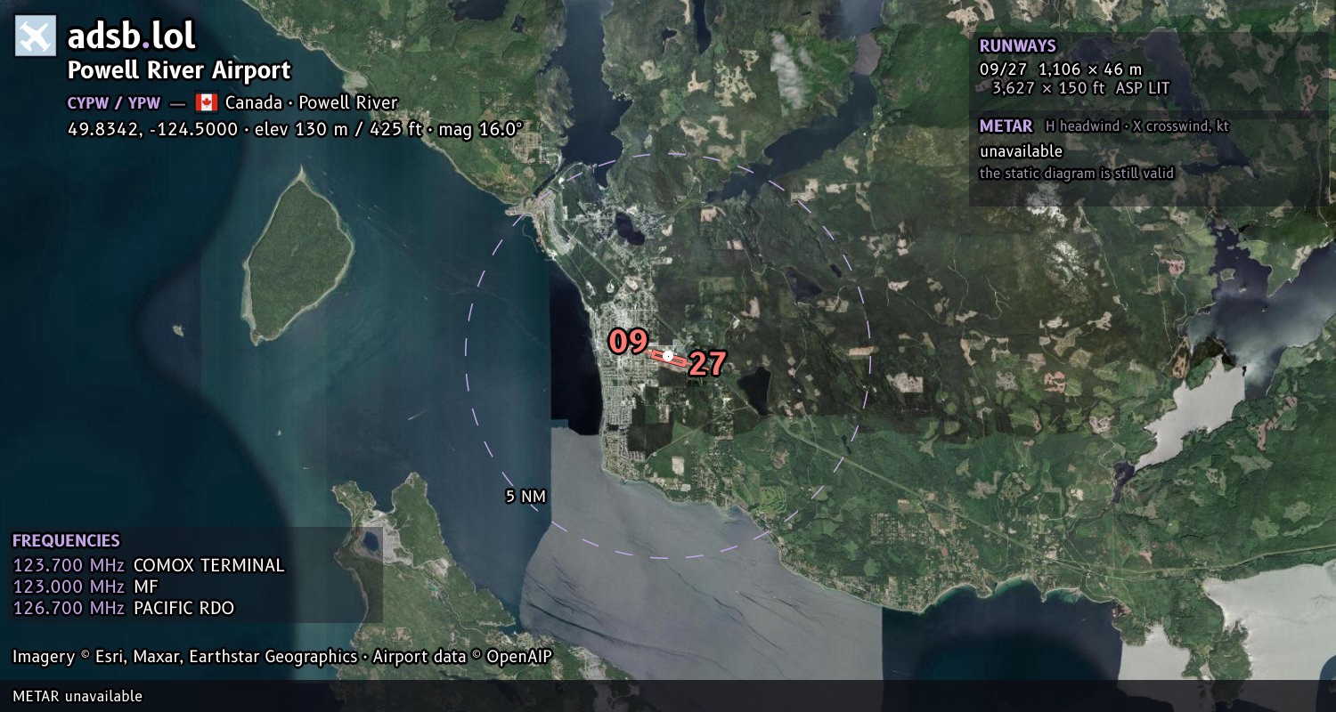 Satellite map with the runway layout of Powell River Airport (CYPW)