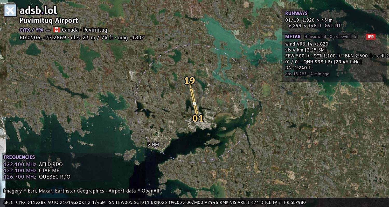 Satellite map with the runway layout of Puvirnituq Airport (CYPX)