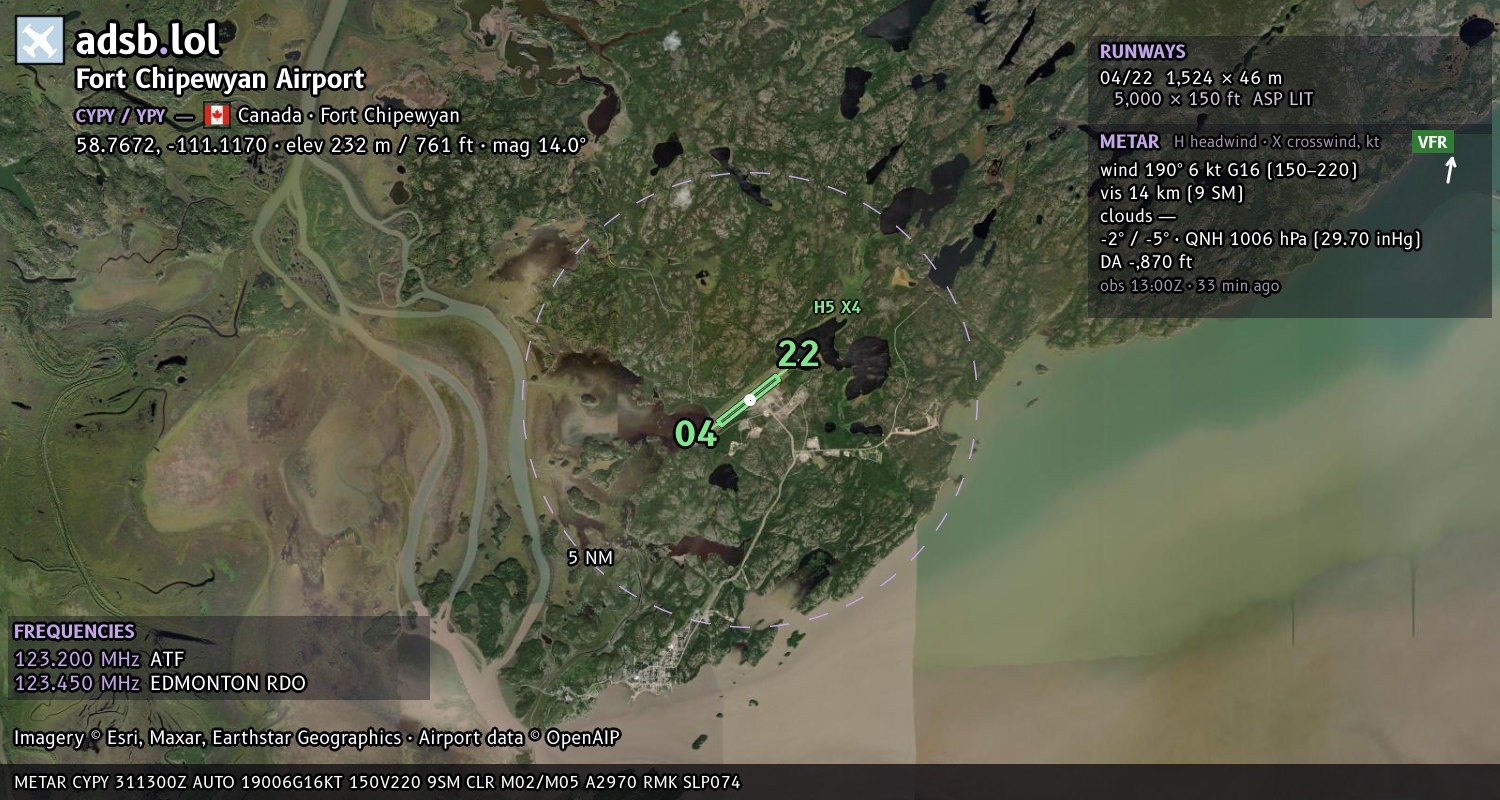 Satellite map with the runway layout of Fort Chipewyan Airport (CYPY)