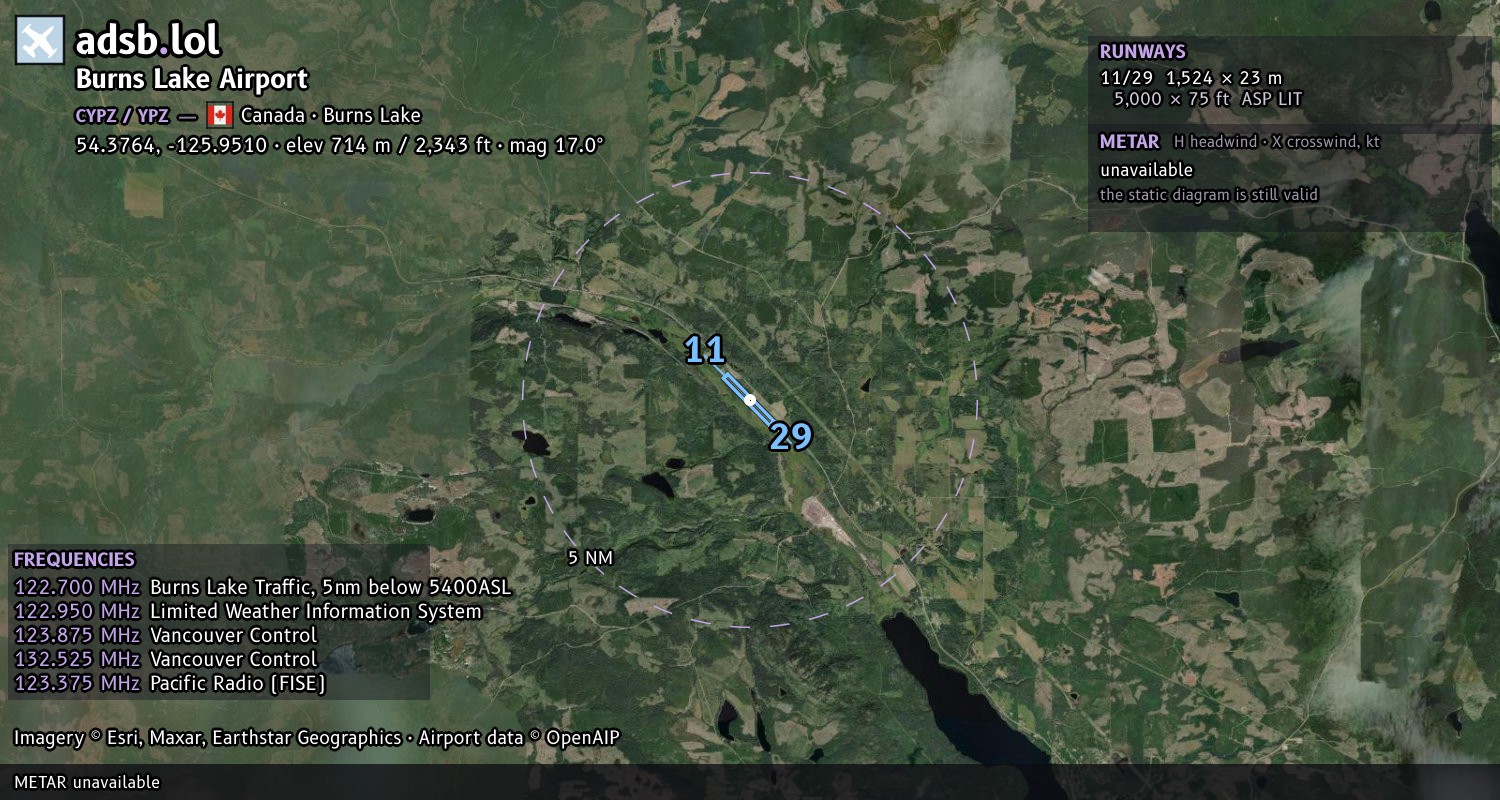 Satellite map with the runway layout of Burns Lake Airport (CYPZ)