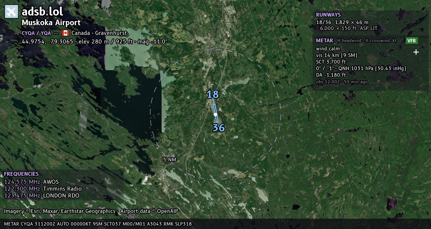 Satellite map with the runway layout of Muskoka Airport (CYQA)