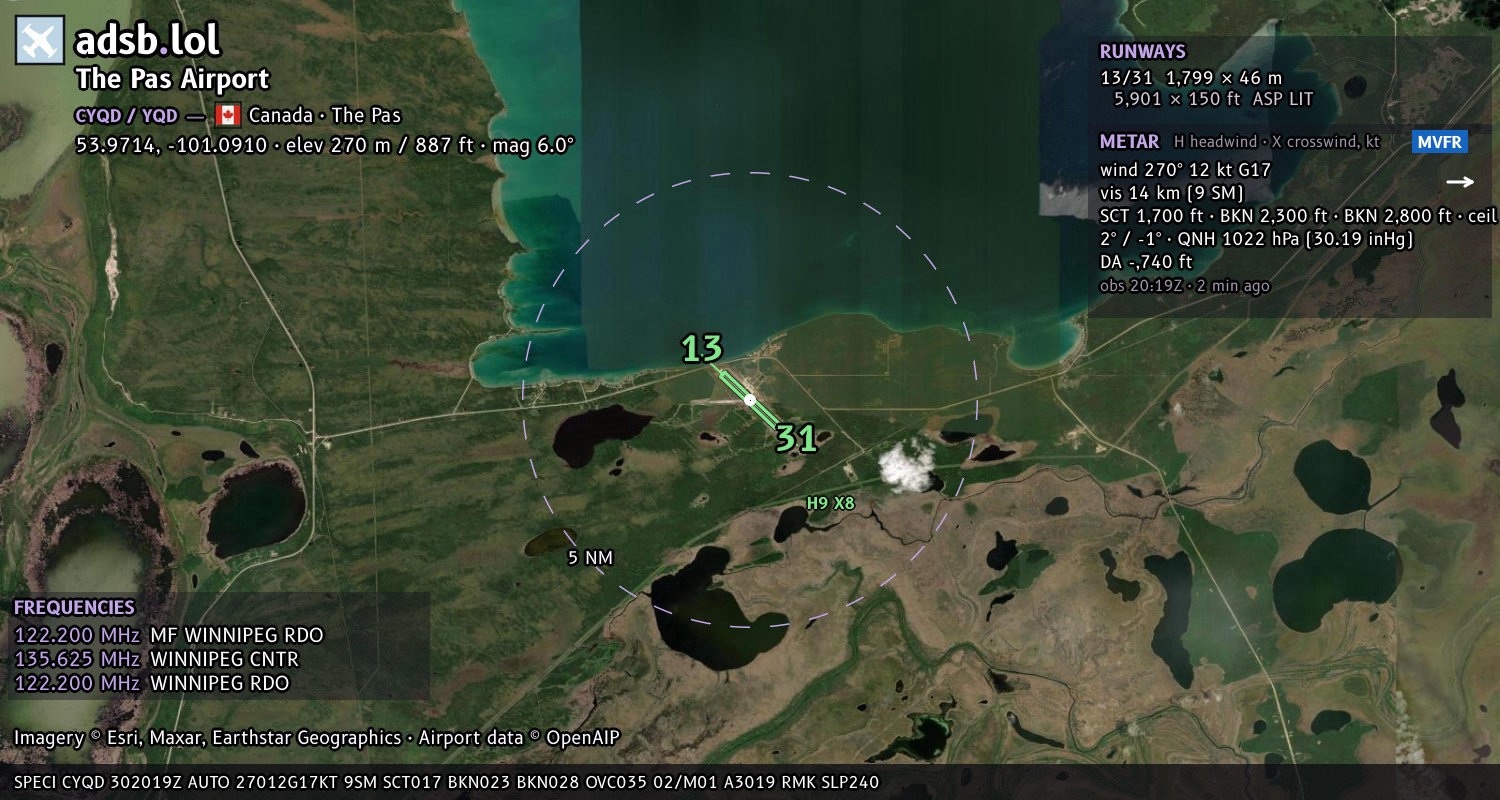 Satellite map with the runway layout of The Pas Airport (CYQD)