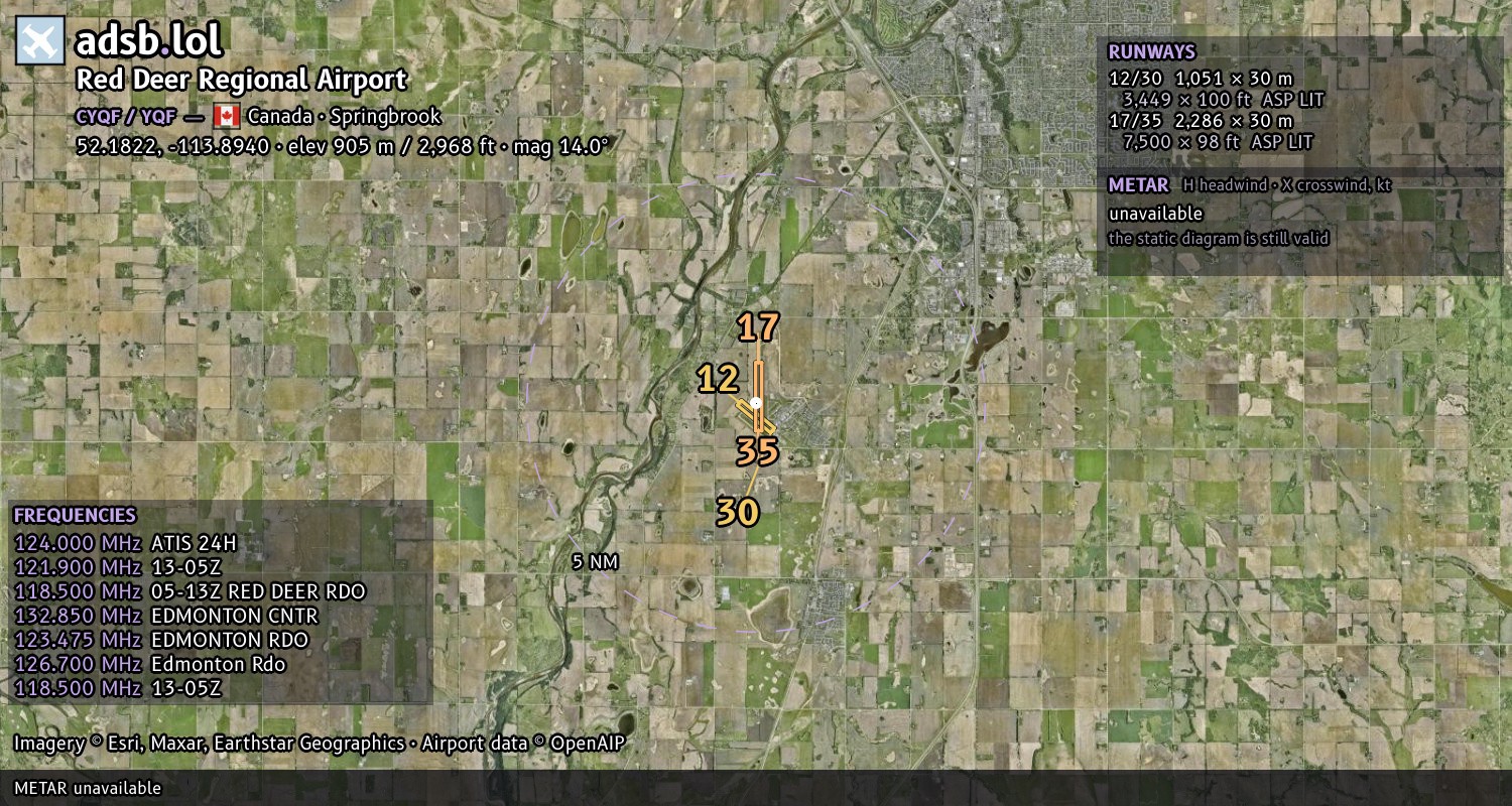 Satellite map with the runway layout of Red Deer Regional Airport (CYQF)