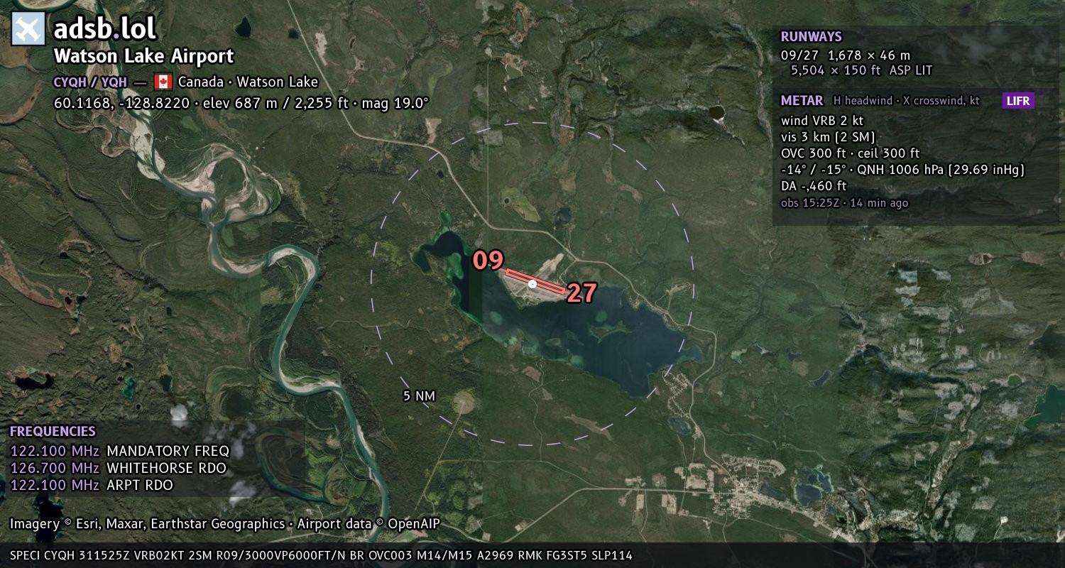 Satellite map with the runway layout of Watson Lake Airport (CYQH)