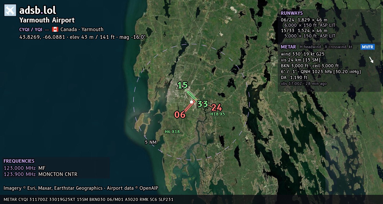 Satellite map with the runway layout of Yarmouth Airport (CYQI)