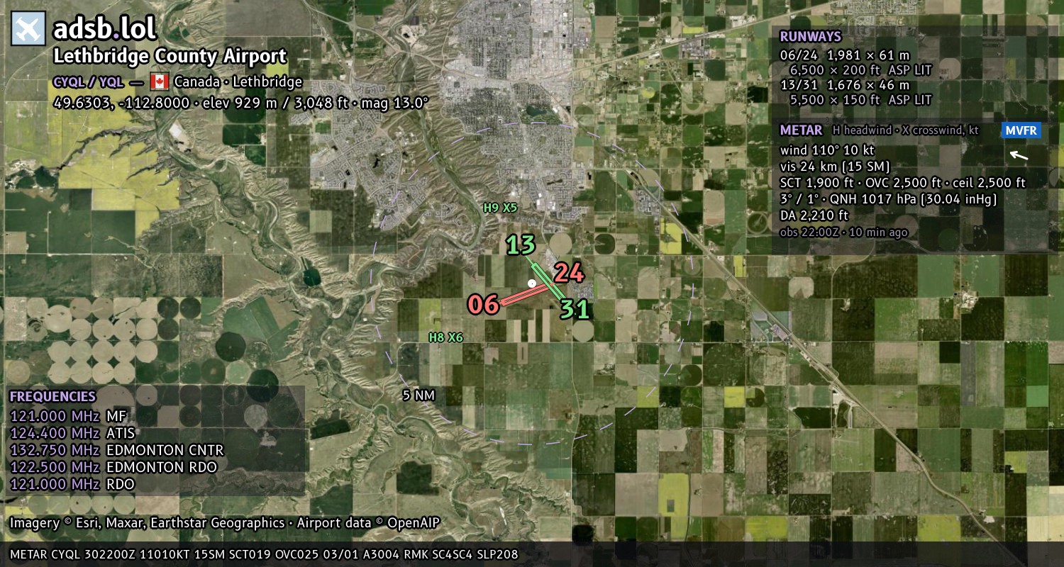 Satellite map with the runway layout of Lethbridge County Airport (CYQL)