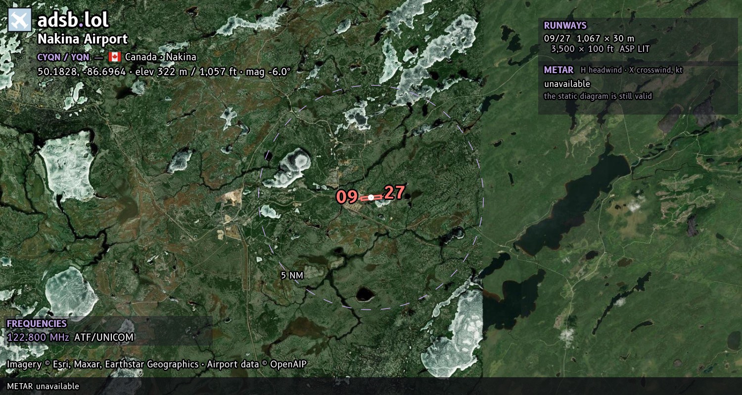 Satellite map with the runway layout of Nakina Airport (CYQN)