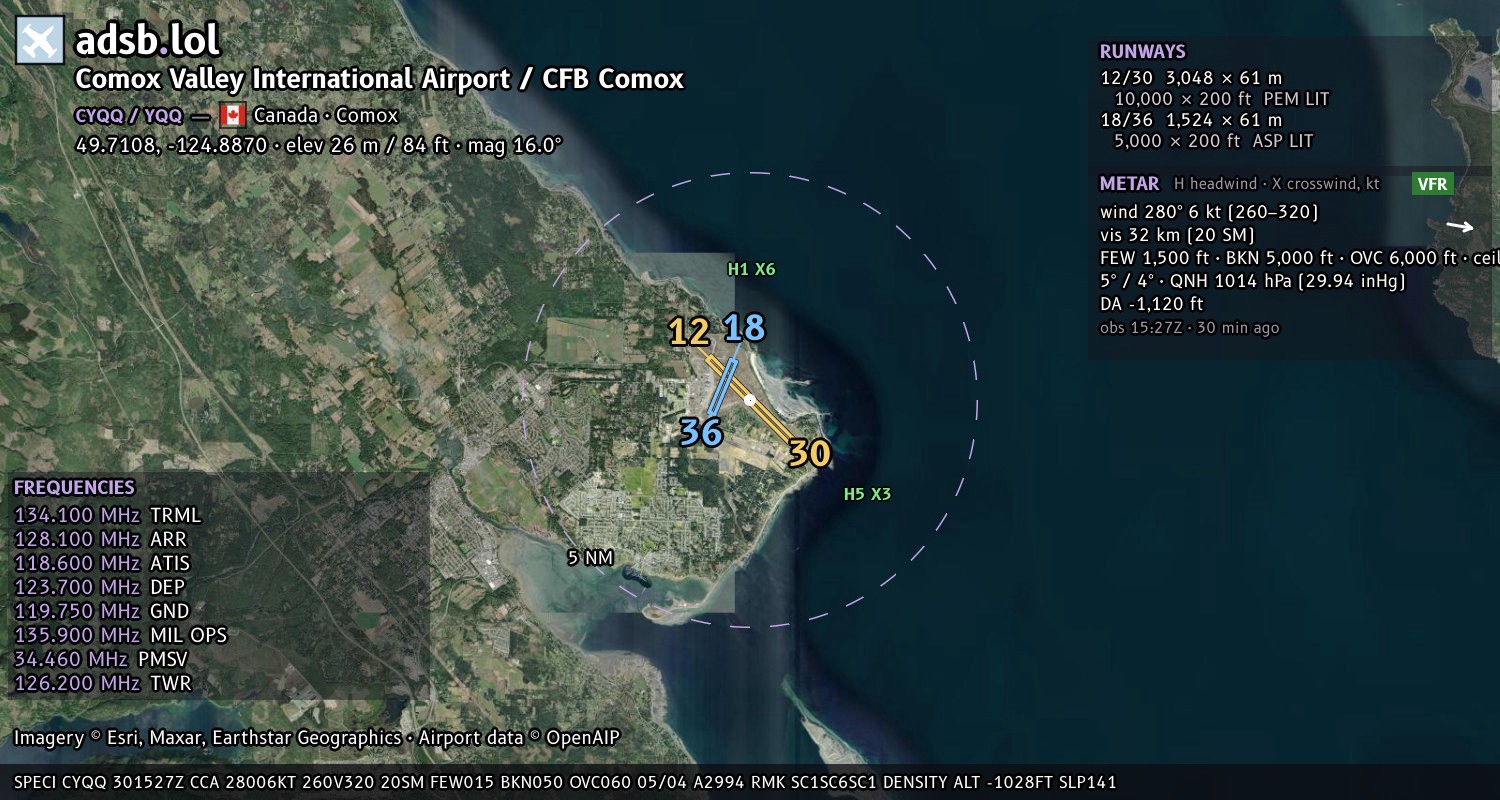 Satellite map with the runway layout of Comox Valley International Airport / CFB Comox (CYQQ)