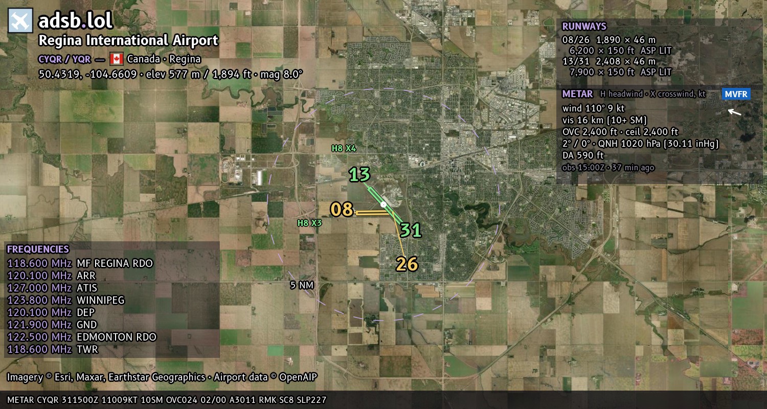 Satellite map with the runway layout of Regina International Airport (CYQR)