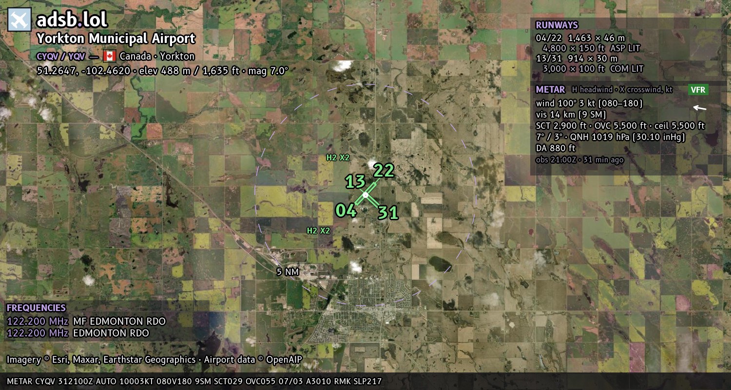 Satellite map with the runway layout of Yorkton Municipal Airport (CYQV)