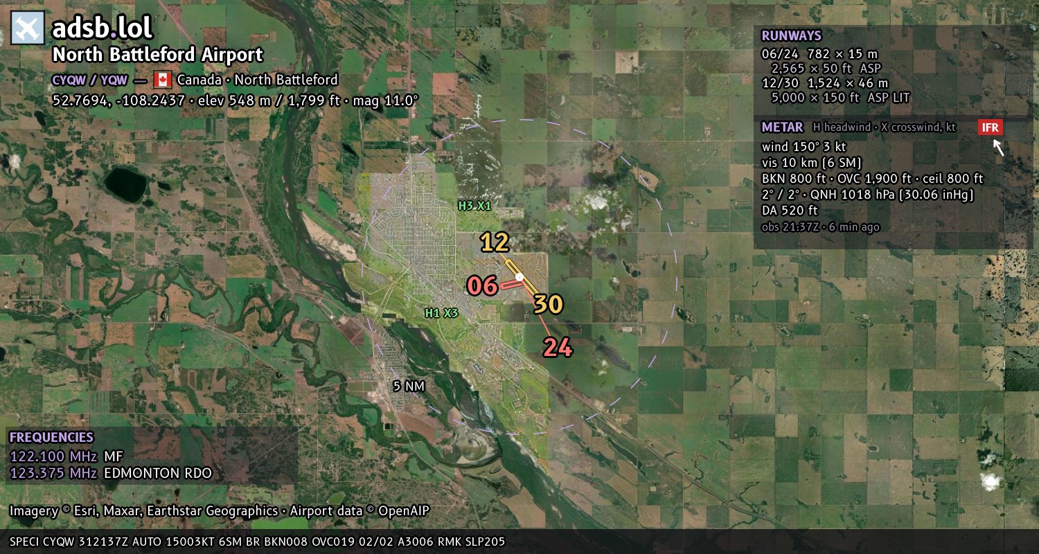 Satellite map with the runway layout of North Battleford Airport (CYQW)