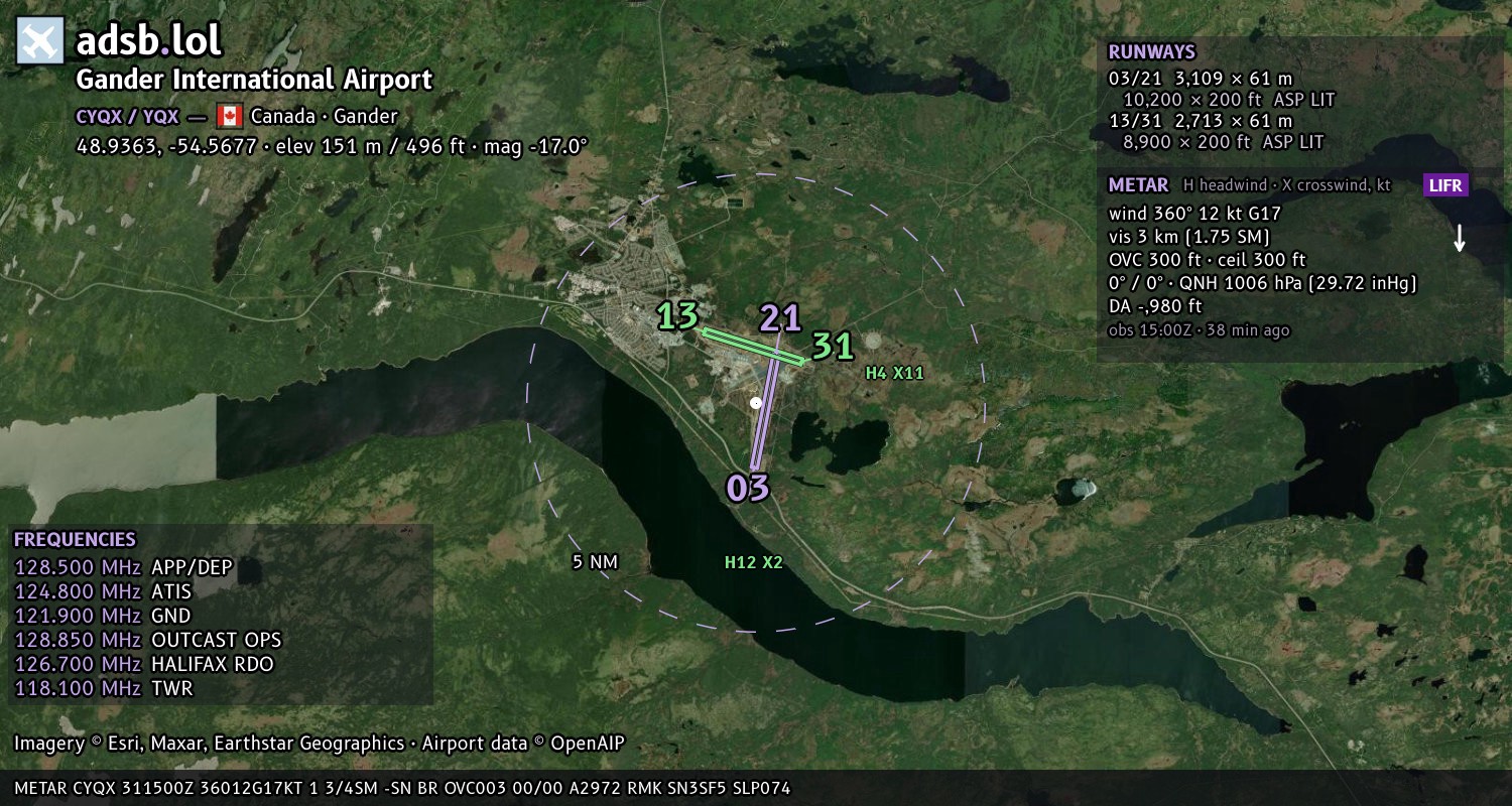Satellite map with the runway layout of Gander International Airport (CYQX)