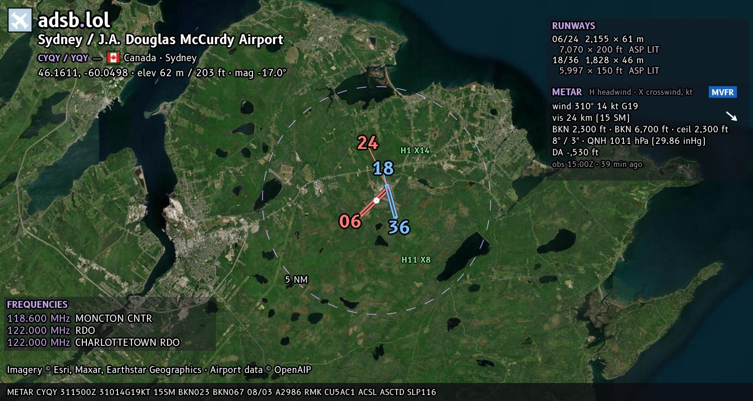 Satellite map with the runway layout of Sydney / J.A. Douglas McCurdy Airport (CYQY)