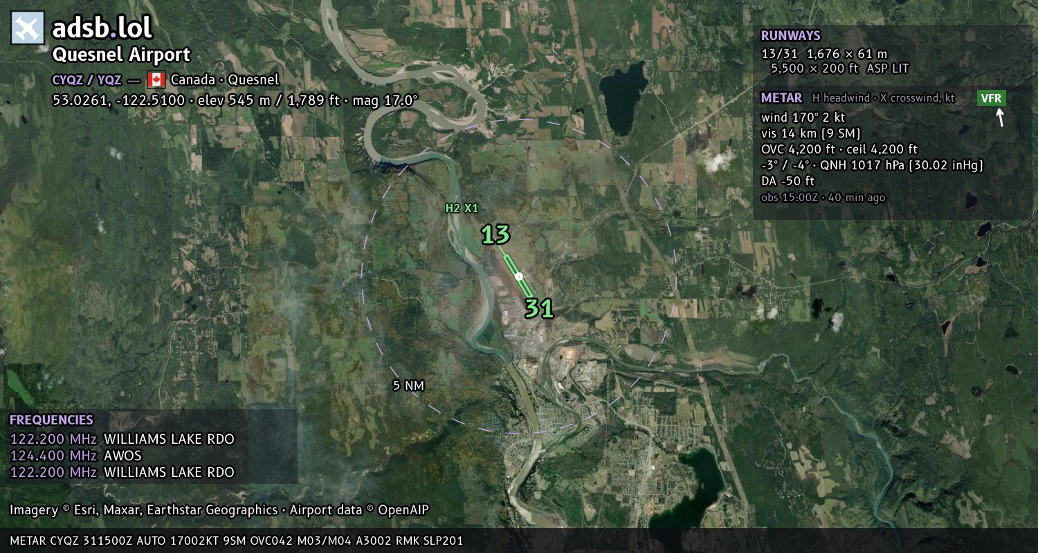 Satellite map with the runway layout of Quesnel Airport (CYQZ)