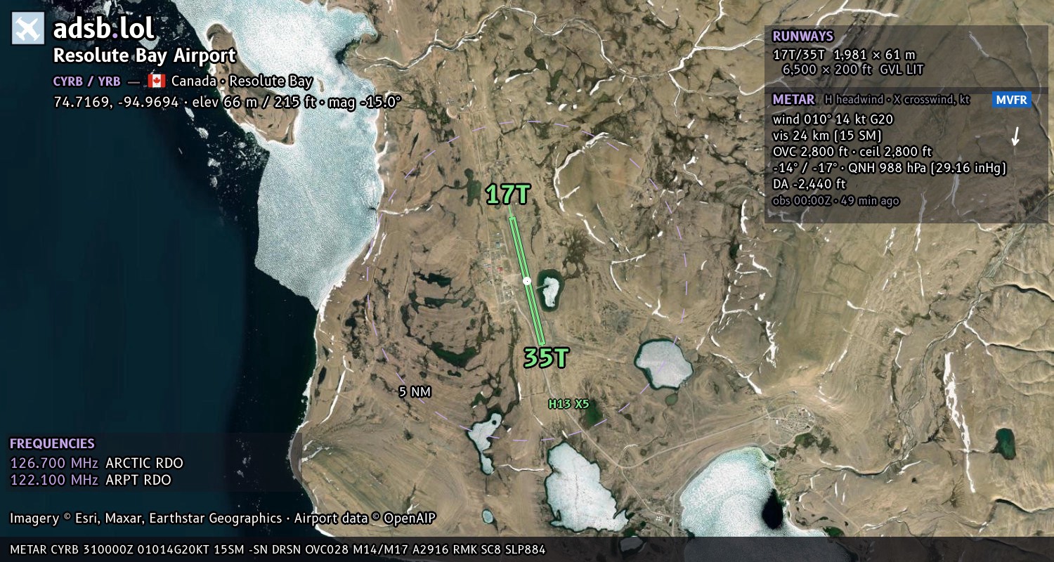 Satellite map with the runway layout of Resolute Bay Airport (CYRB)