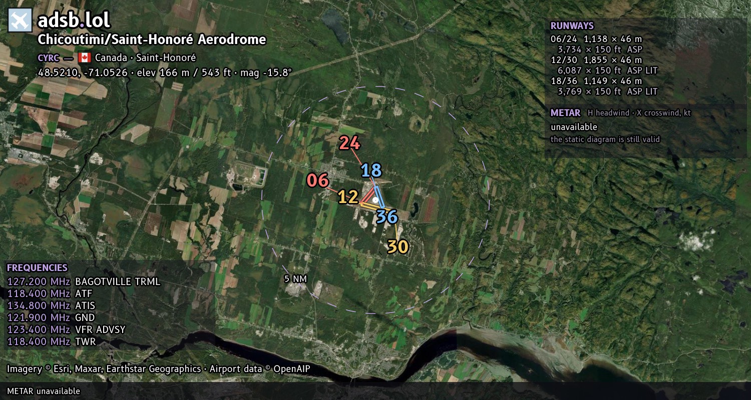 Satellite map with the runway layout of Chicoutimi/Saint-Honoré Aerodrome (CYRC)