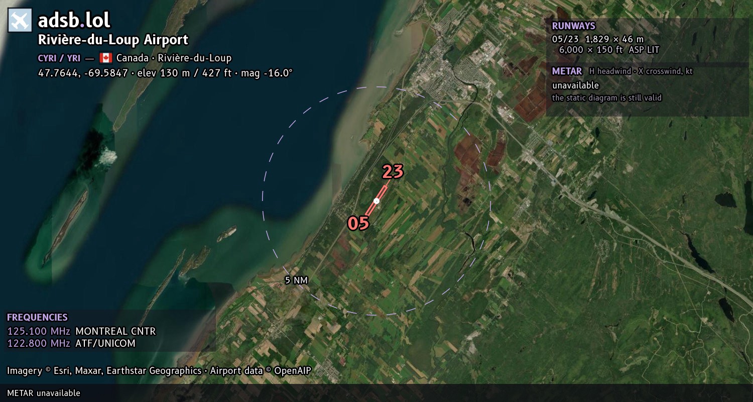 Satellite map with the runway layout of Rivière-du-Loup Airport (CYRI)