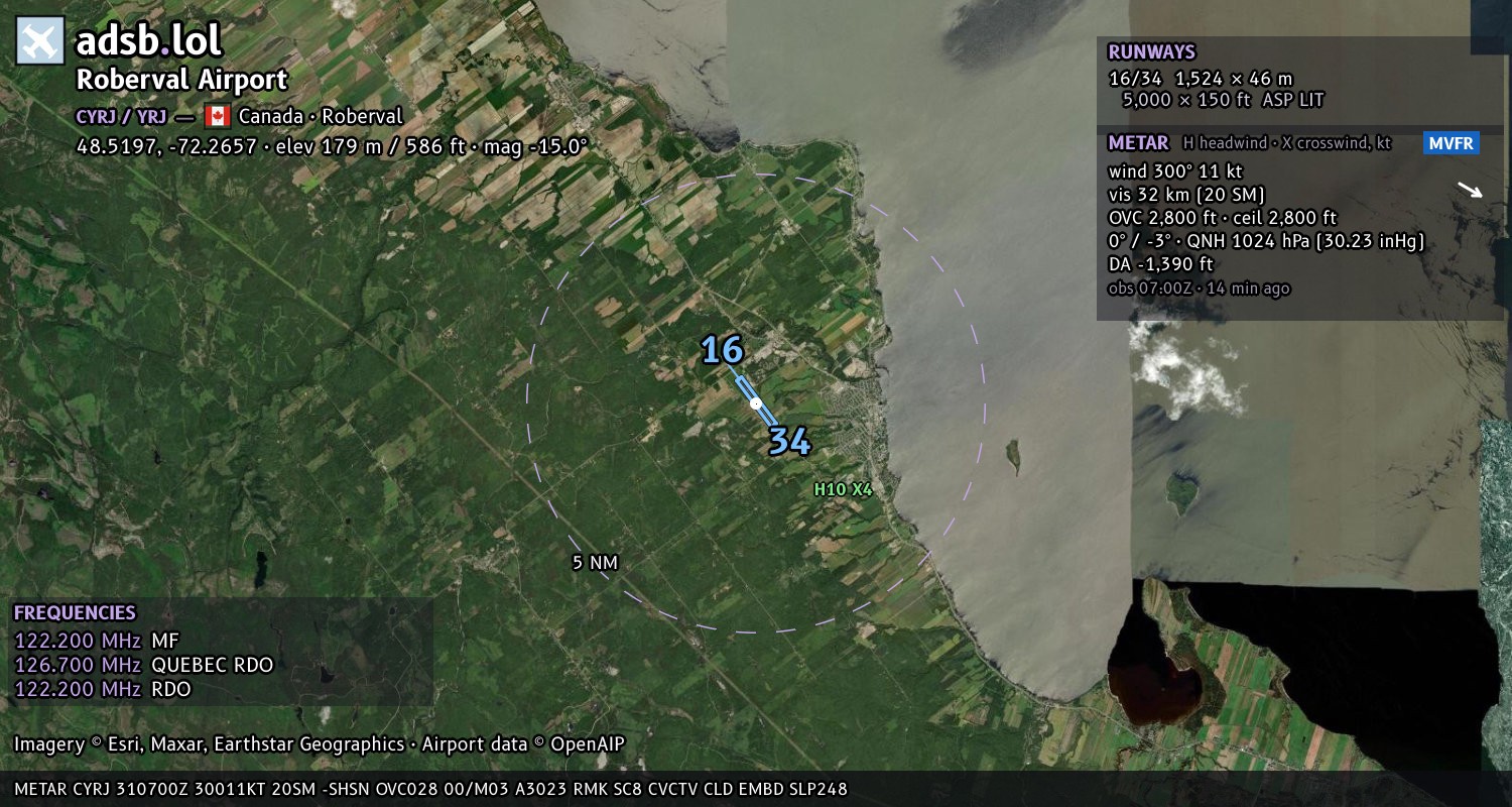 Satellite map with the runway layout of Roberval Airport (CYRJ)