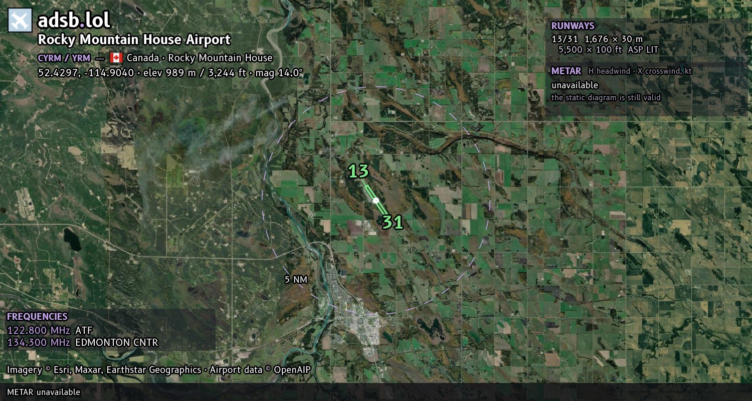 Satellite map with the runway layout of Rocky Mountain House Airport (CYRM)