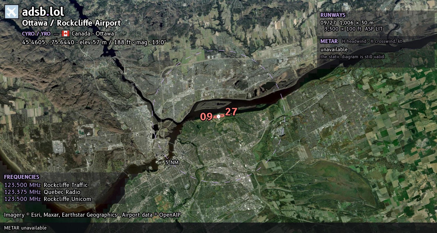 Satellite map with the runway layout of Ottawa / Rockcliffe Airport (CYRO)