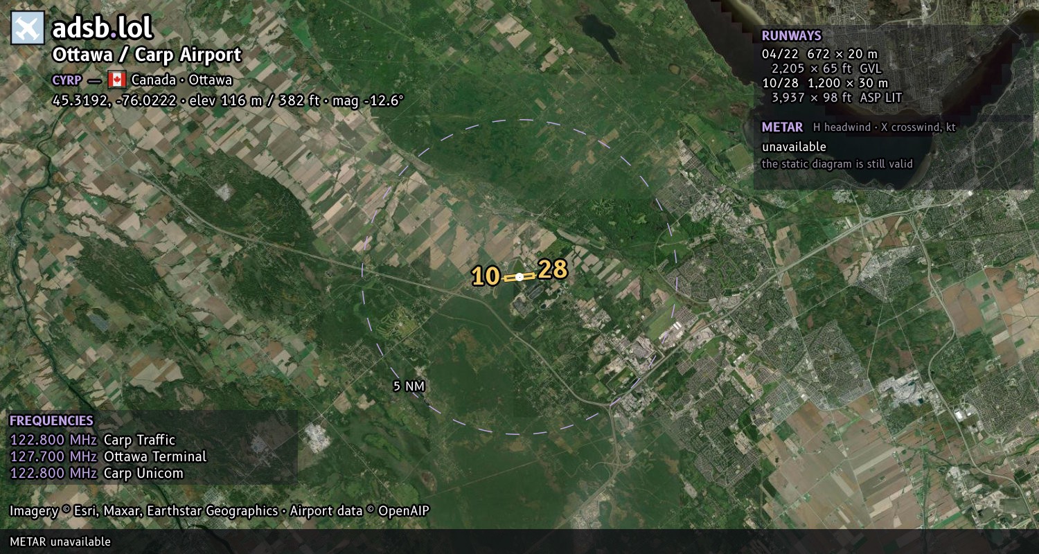Satellite map with the runway layout of Ottawa / Carp Airport (CYRP)