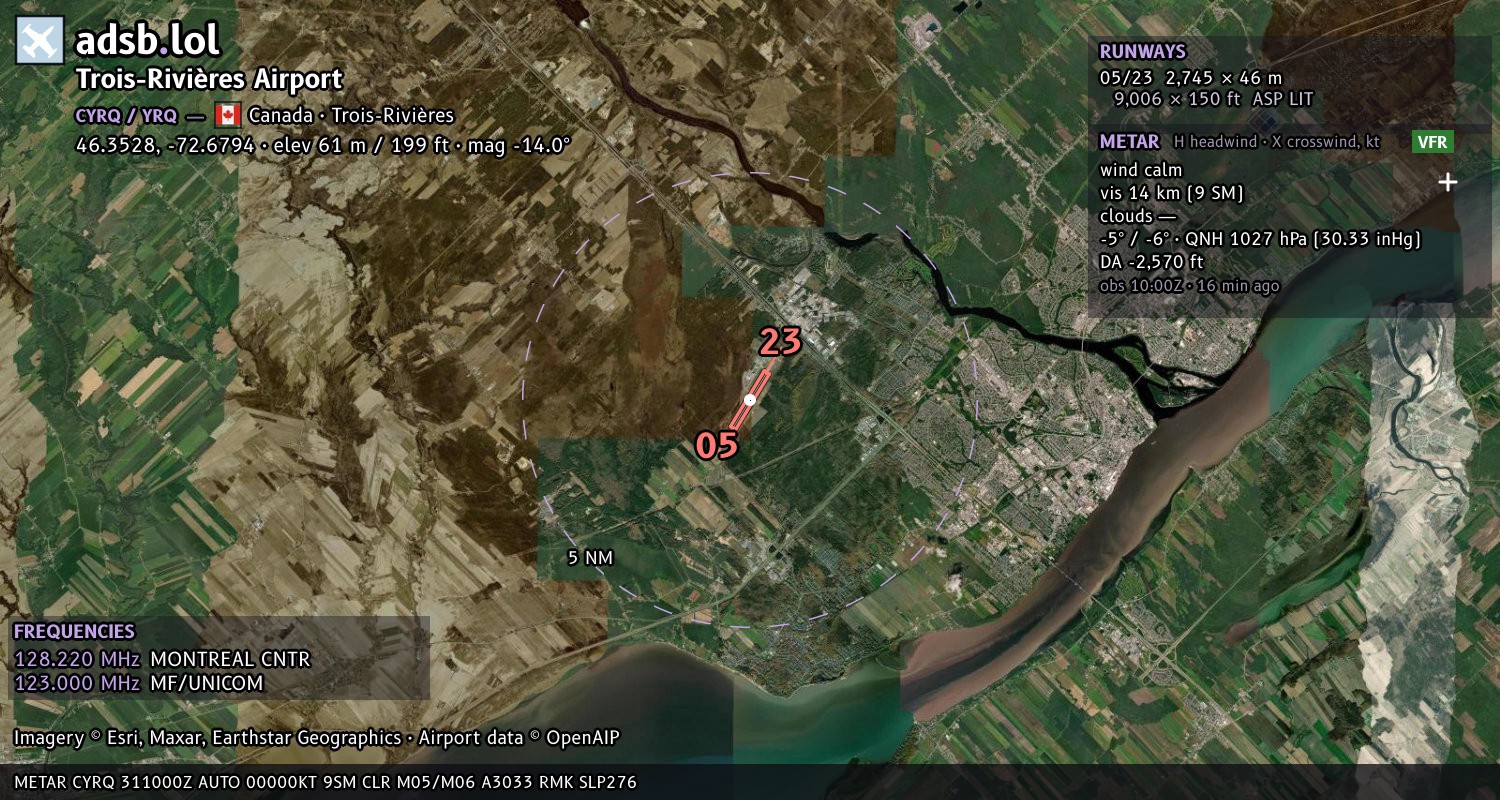 Satellite map with the runway layout of Trois-Rivières Airport (CYRQ)