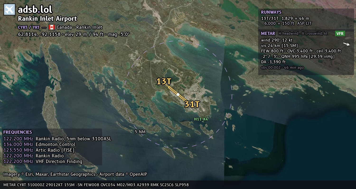 Satellite map with the runway layout of Rankin Inlet Airport (CYRT)