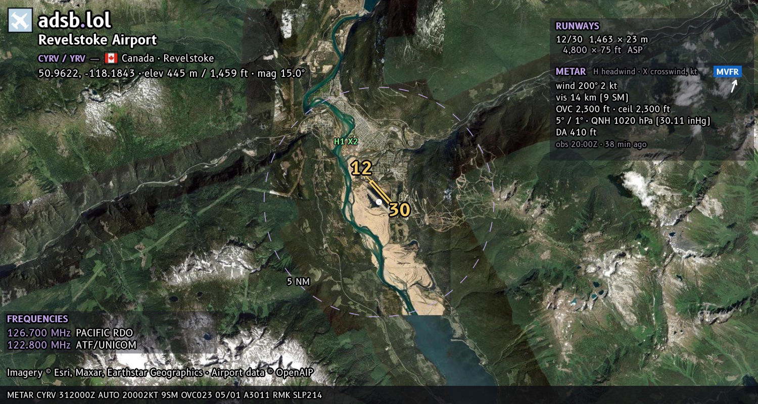 Satellite map with the runway layout of Revelstoke Airport (CYRV)