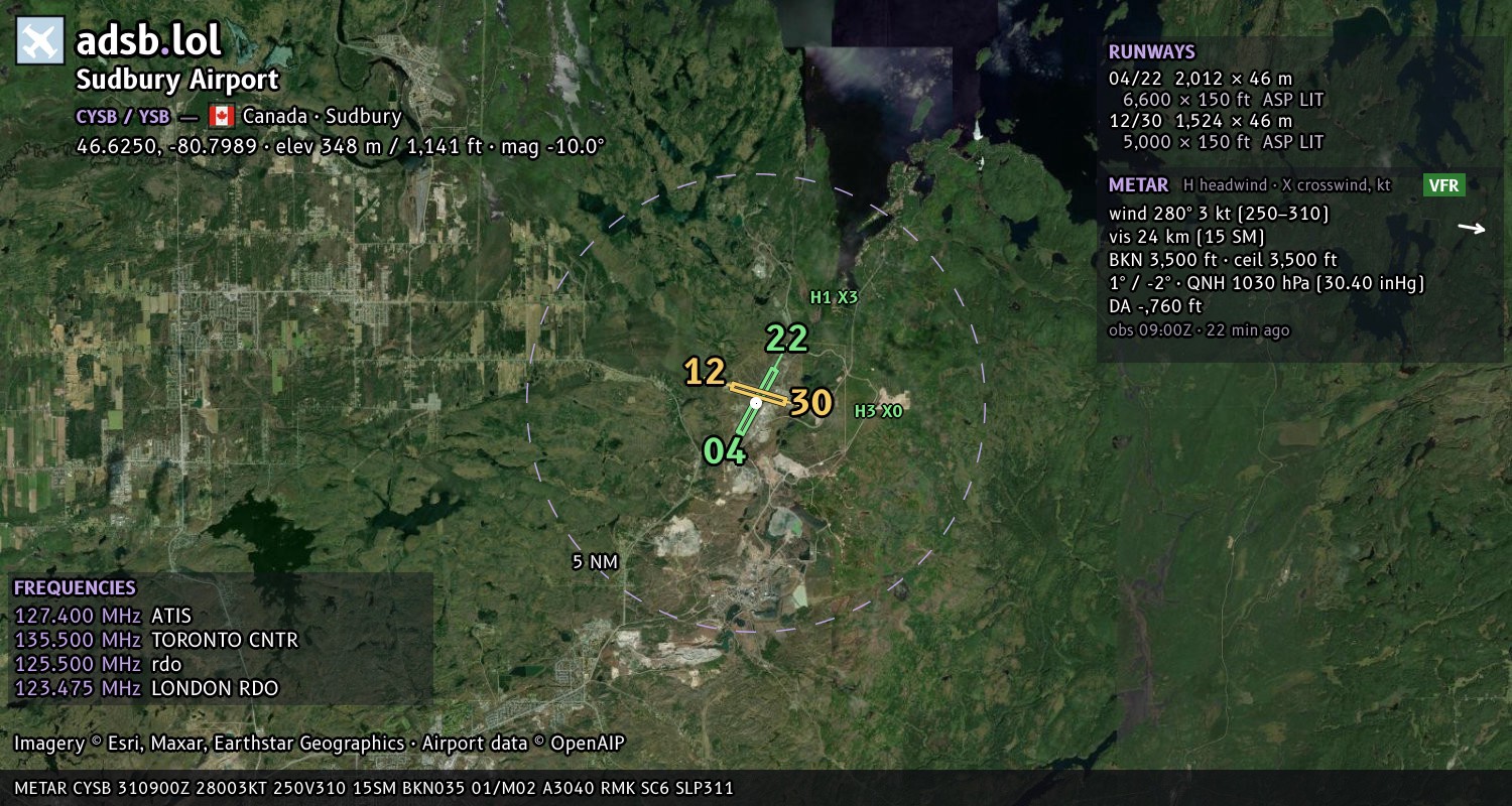 Satellite map with the runway layout of Sudbury Airport (CYSB)