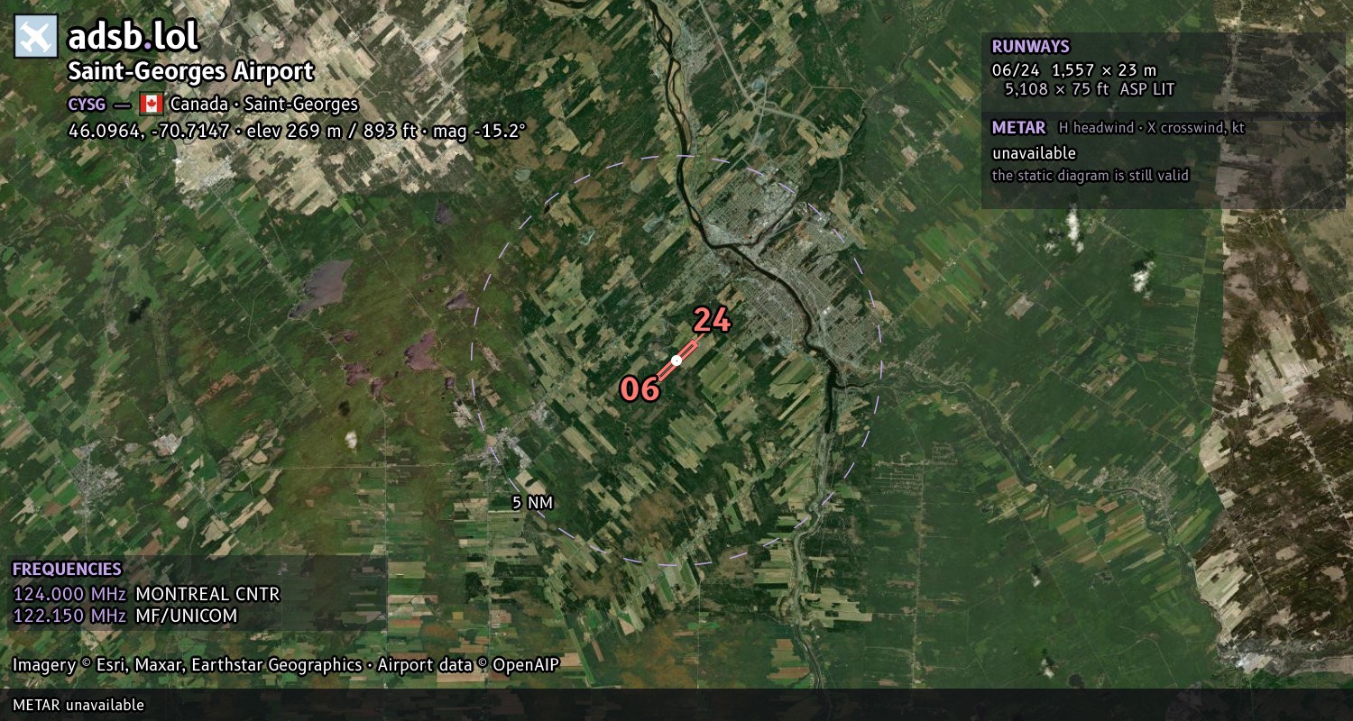 Satellite map with the runway layout of Saint-Georges Airport (CYSG)