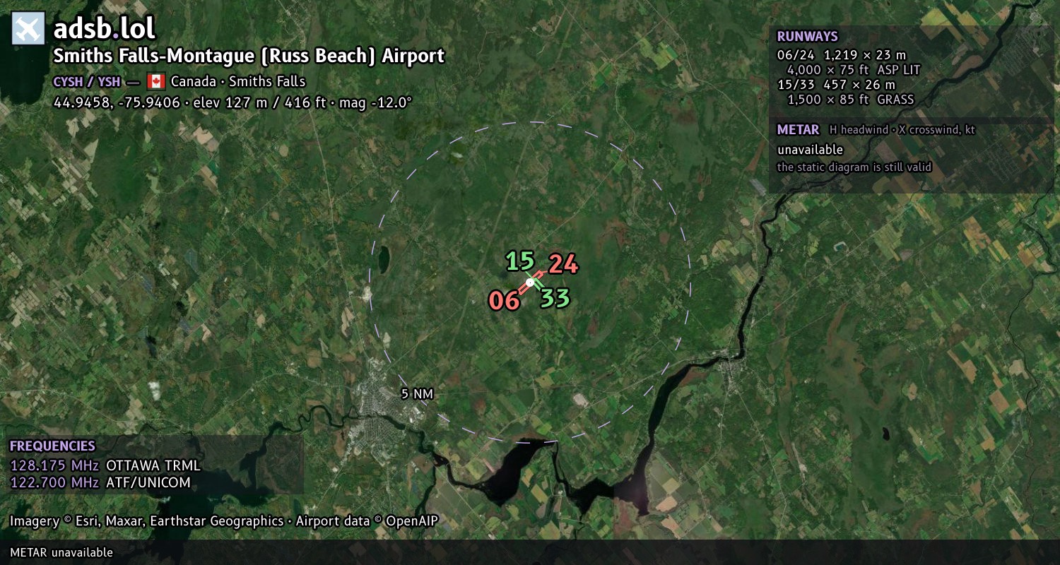 Satellite map with the runway layout of Smiths Falls-Montague (Russ Beach) Airport (CYSH)