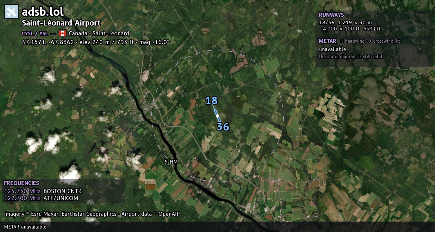 Satellite map with the runway layout of Saint-Léonard Airport (CYSL)
