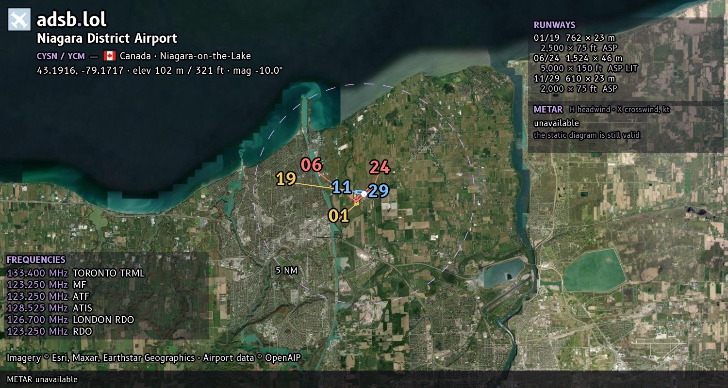 Satellite map with the runway layout of Niagara District Airport (CYSN)