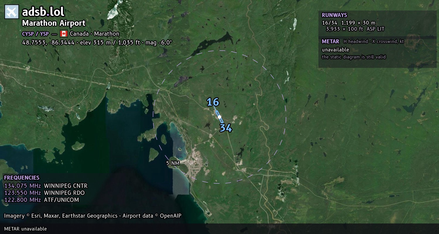 Satellite map with the runway layout of Marathon Airport (CYSP)