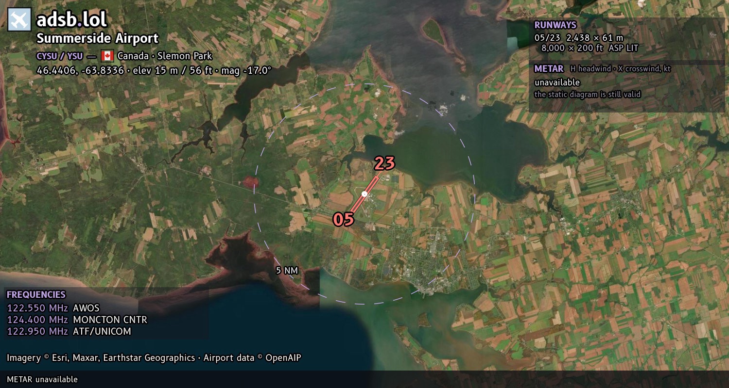 Satellite map with the runway layout of Summerside Airport (CYSU)