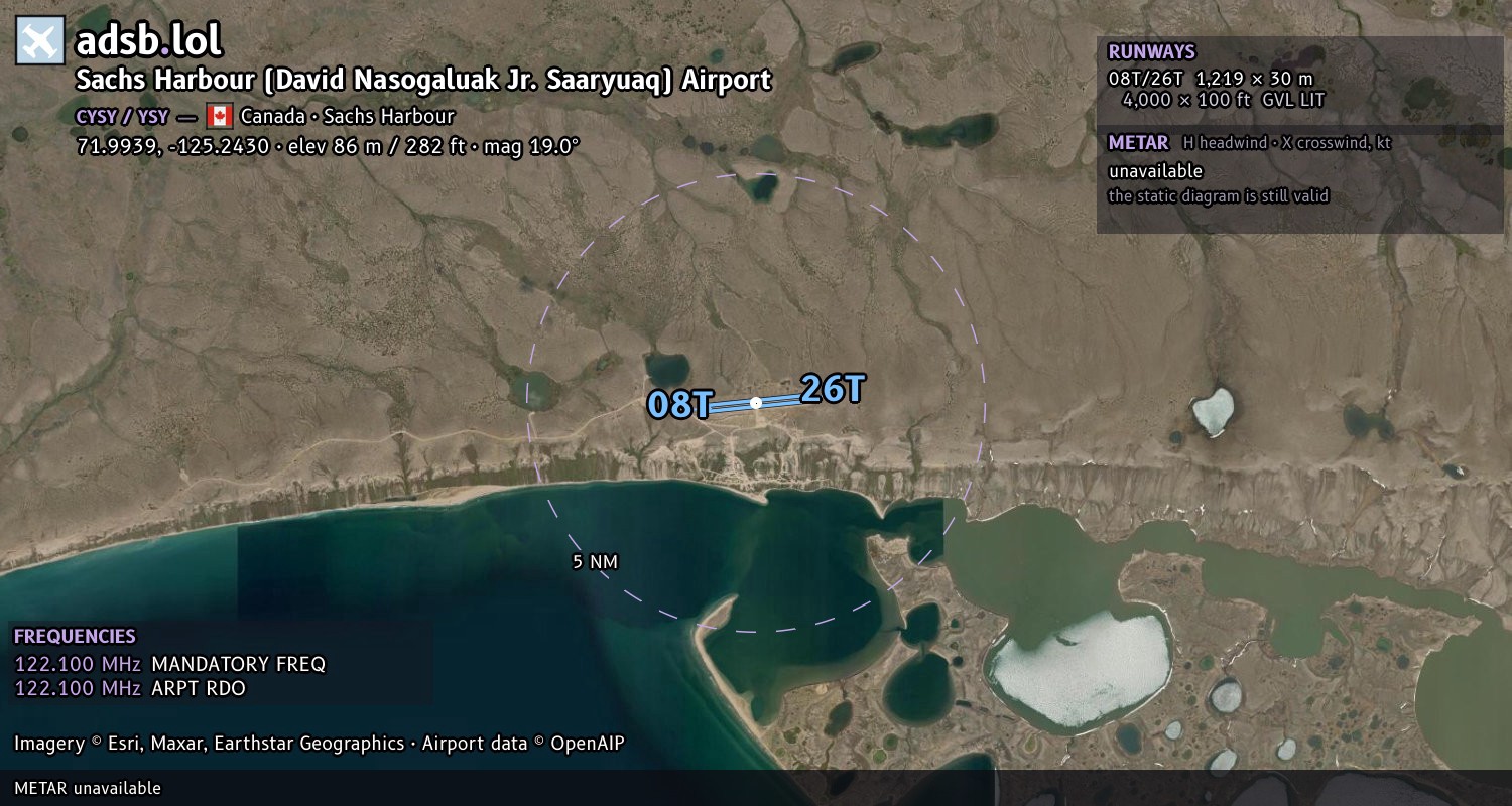 Satellite map with the runway layout of Sachs Harbour (David Nasogaluak Jr. Saaryuaq) Airport (CYSY)