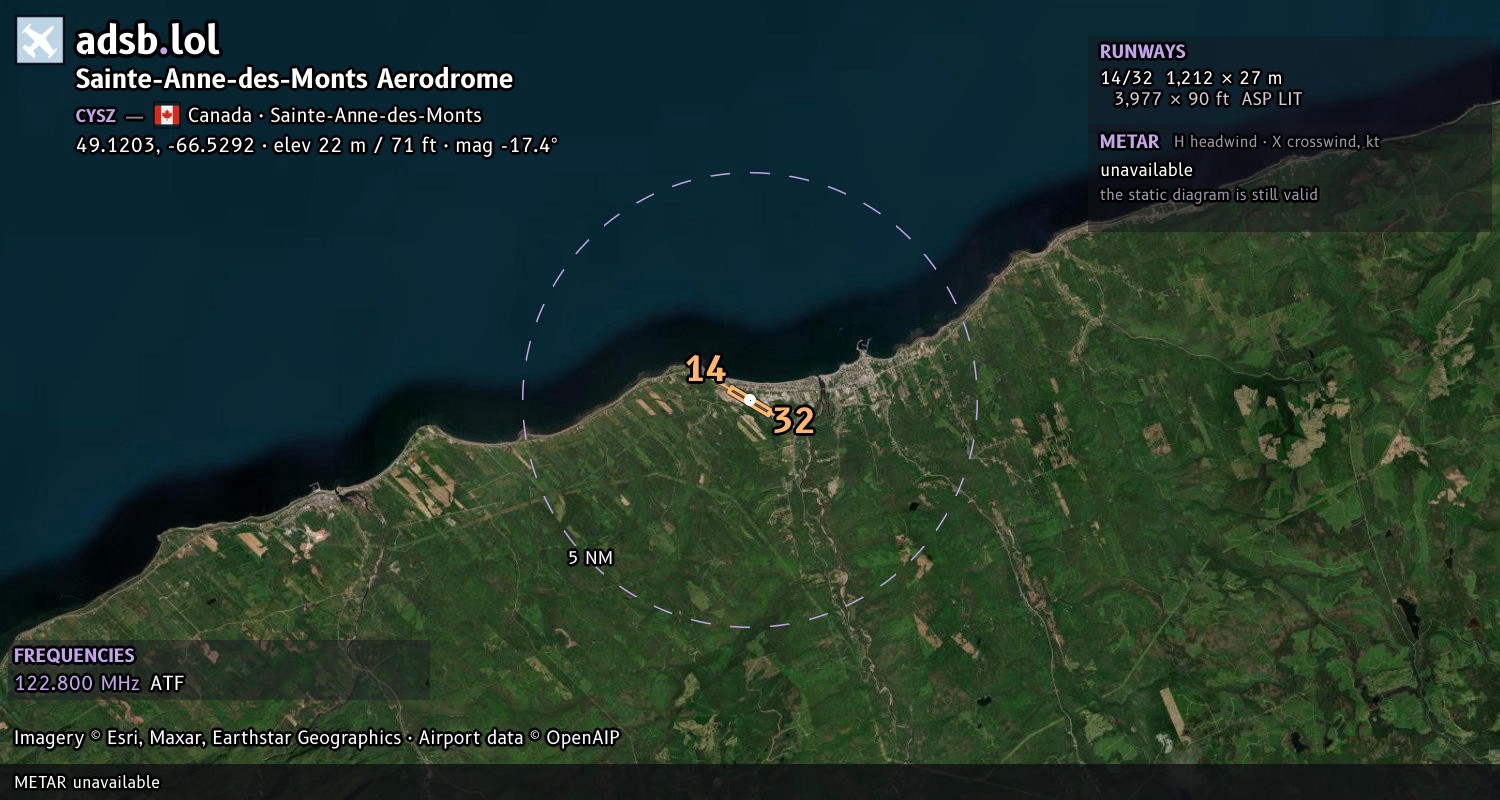 Satellite map with the runway layout of Sainte-Anne-des-Monts Aerodrome (CYSZ)